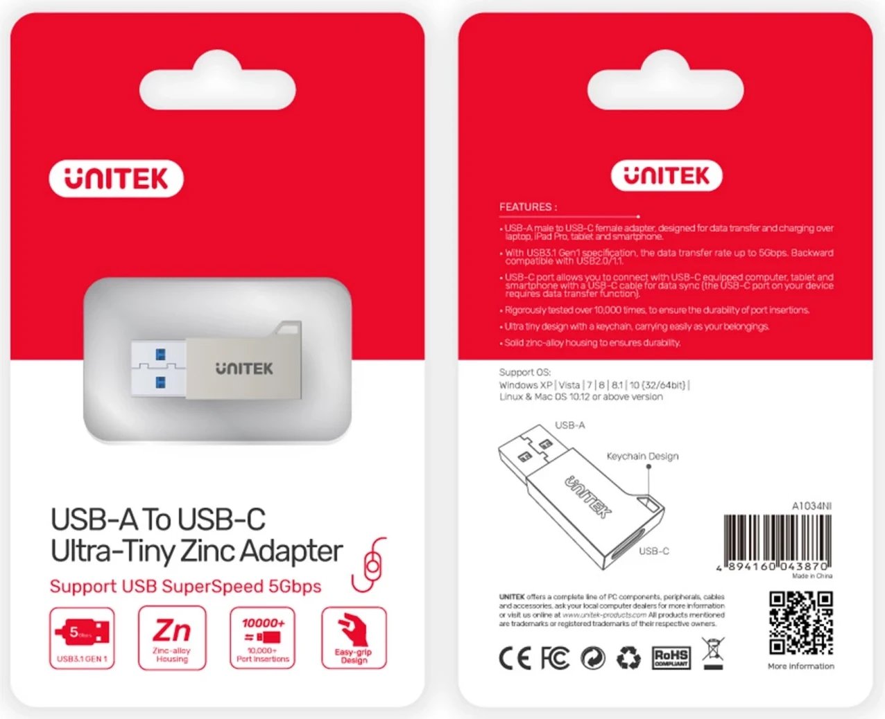 Adaptor Unitek USB-A në USB-C 3.1 Gen1 A1034NI, gri