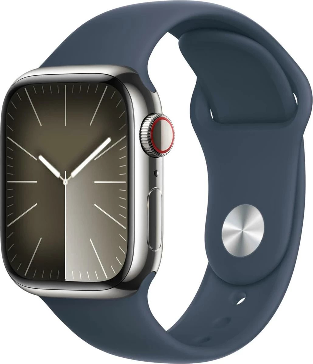 Smartwatch Apple Watch Series 9, 41mm, Celular, Ngjyrë argjendi, Rrip sportiv blu stuhie