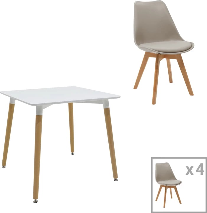 Tavolinë me karrige Natali-Gaston set prej 5 copash pakoworld MDF dhe dru ahu, hije gri-bardhë-natyrale, 80x80x76cm