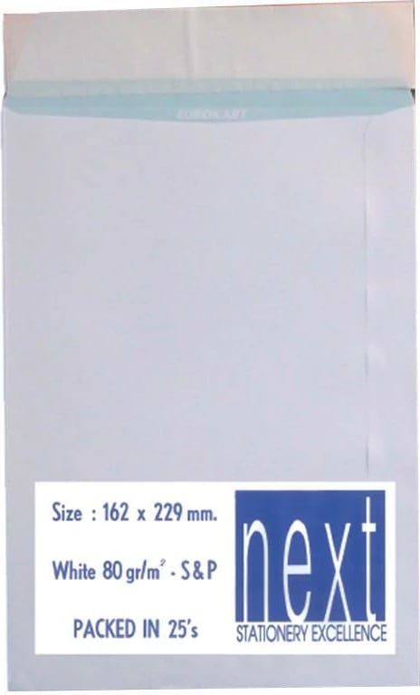 Zarf i bardhë NEXT 80g, vetëngjitës 16.2x22.9cm 25 copë