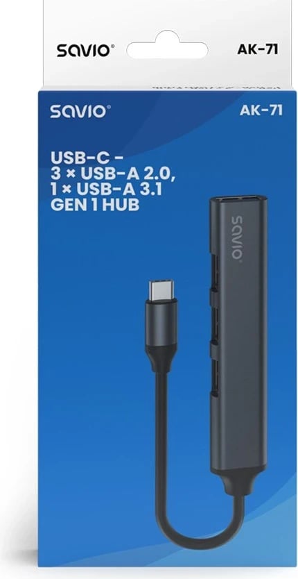 Hub USB-C SAVIO AK-71, 3 x USB-A 2.0, 1 x USB-A 3.0, 4-në-1, 5 Gbps