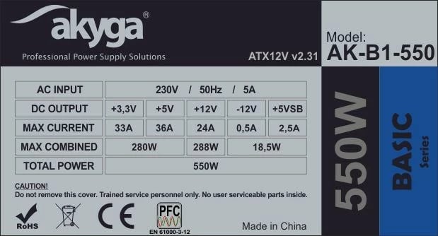 Furnzius energjie, Akyga AK-B1-550,550W, ATX , hiri 