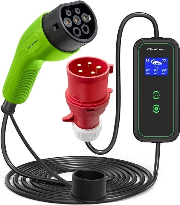 Karikues mobil për vetura elektrike Qoltec, 11kW, 3 faza, 5m, i gjelbër