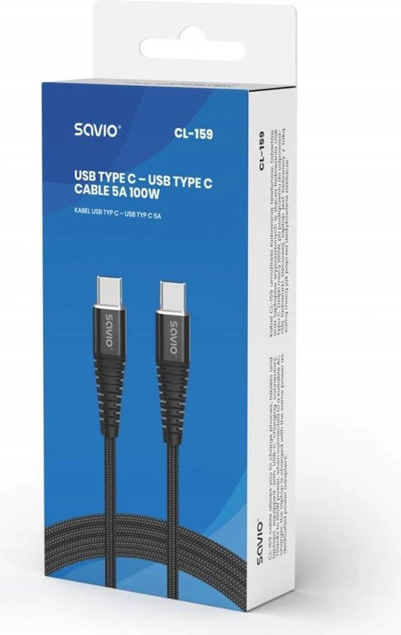 Kabllo Savio USB-C, 1m, e zezë