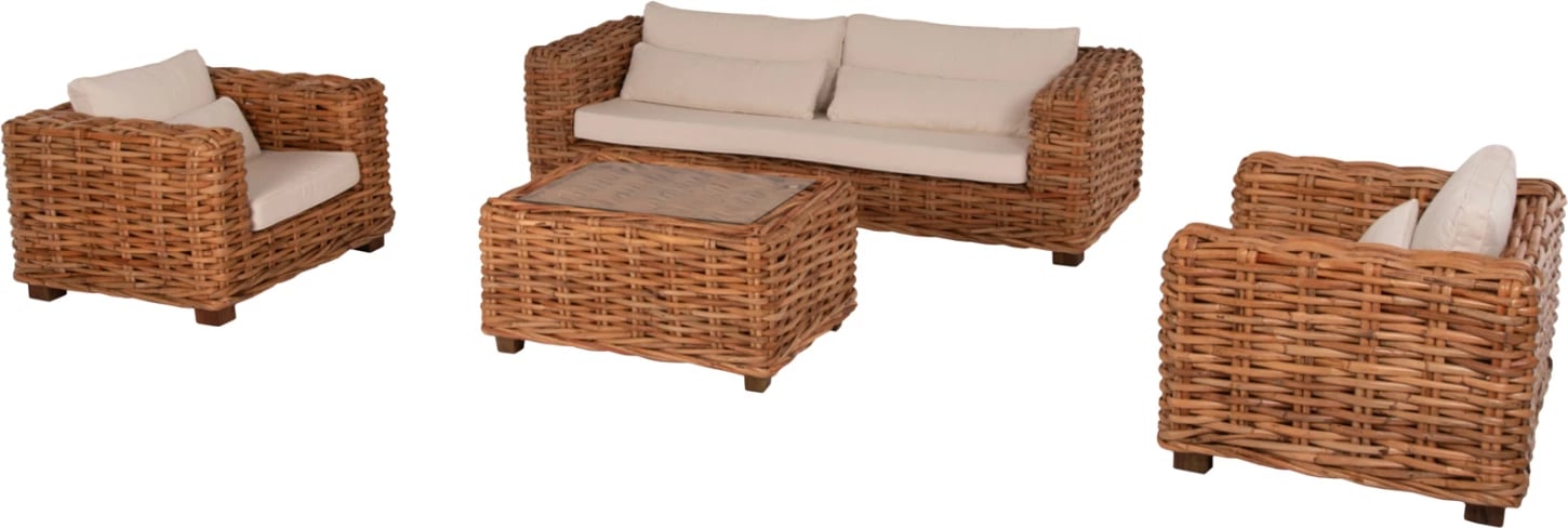 Set salloni për jashtë 4 pjesë, TROPEL FH9656, ratan natyral-dru mahogany-jastëk të bardhë