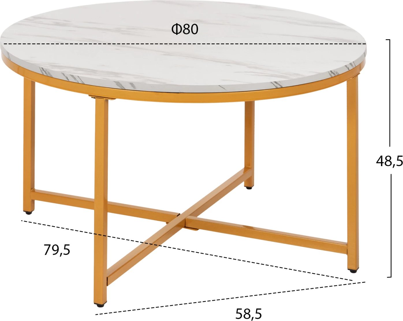 Tavolinë kafeje, ngjyrë mermeri të bardhë, këmbë metali të arta, FH9420.01, Φ80x48.5H cm