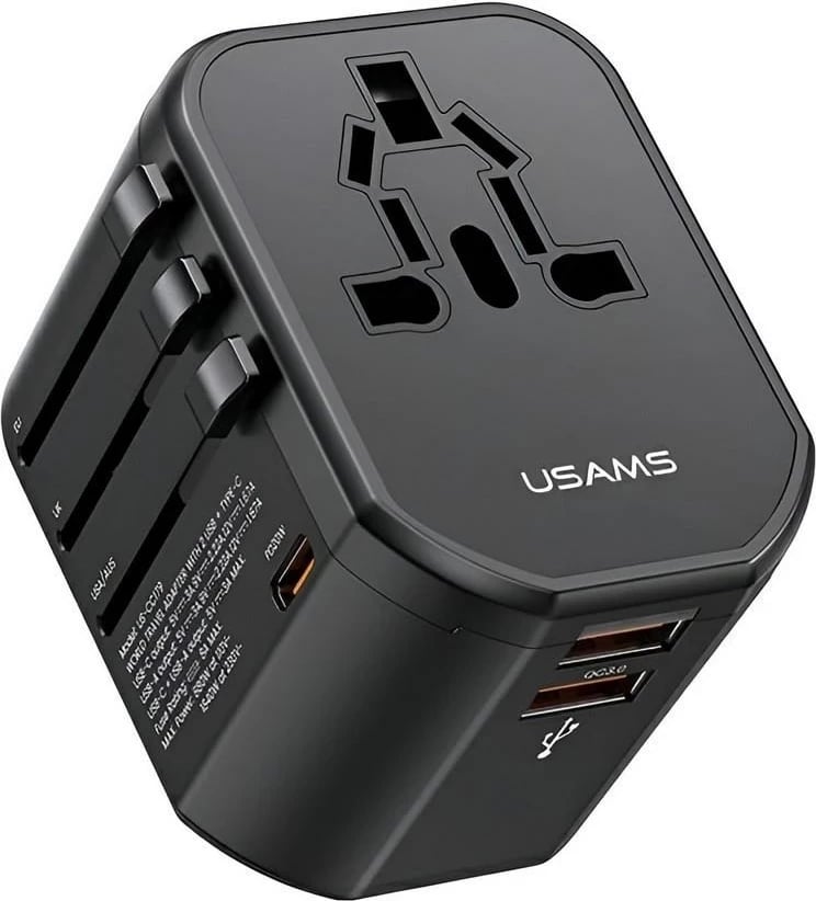 Adapter udhëtimi Usams T59, 20W, 4në1, 2xUSB+1xUSB-C, i zi