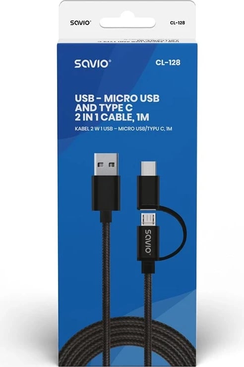 Kabllo Savio, USB A - USB C / micro-USB, 1m, e zezë