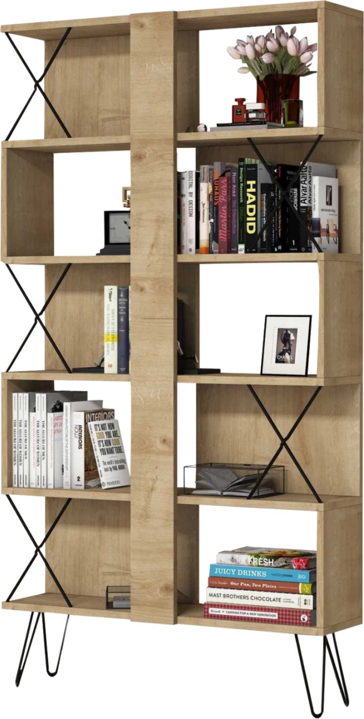 Raft librash melamine FH9496.01 ngjyrë lisi natyral-këmbë metalike të zeza 90x22x167.3H cm