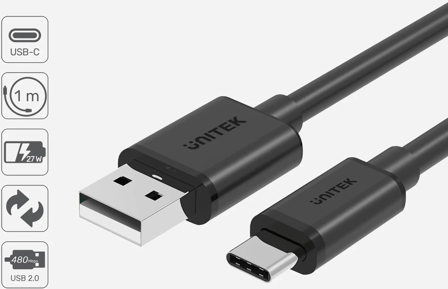 Kabëll Unitek USB-A në USB-C 2.0 480 Mbps 1m, i zi