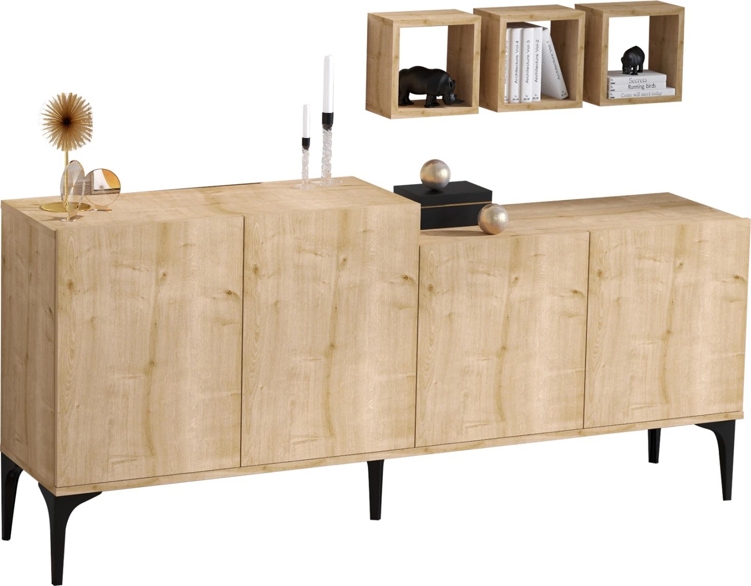 Bufe dhe 3 rafte muri melamine ngjyrë natyrale 180x40x85Hcm.FH9430.01