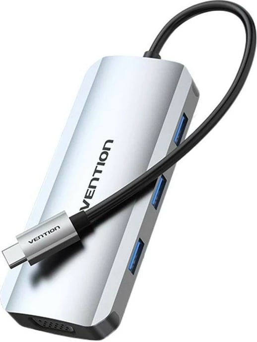 Stacion dokues Vention USB-C HDMI VGA 3x USB 3.0 PD 15cm, ngjyrë gri