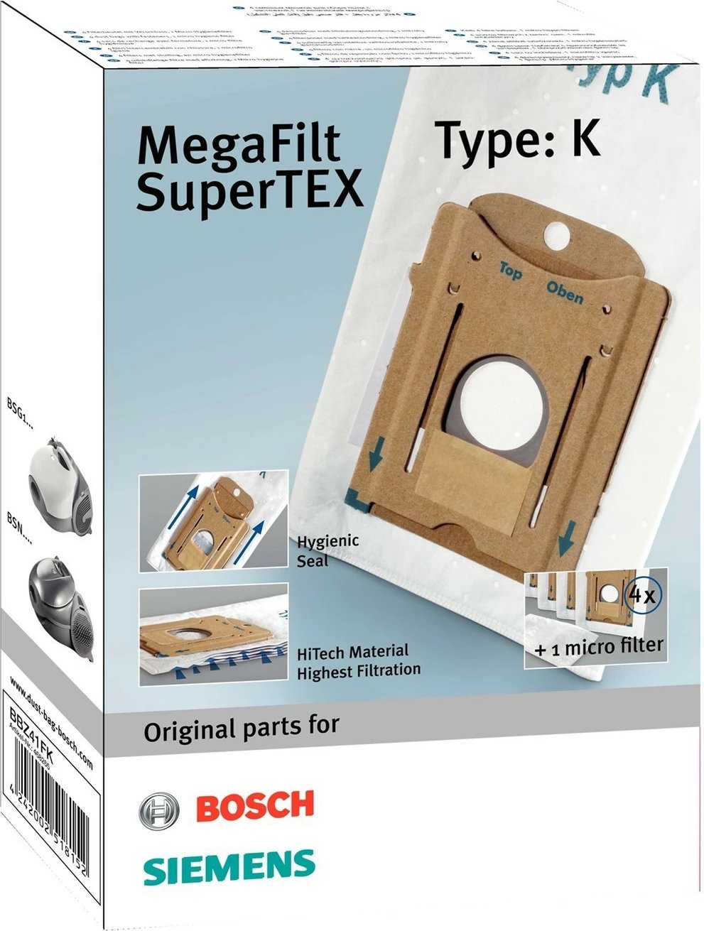 Qese pluhuri Bosch BBZ41FK, 4 copë, me filtër, për Bosch dhe Siemens