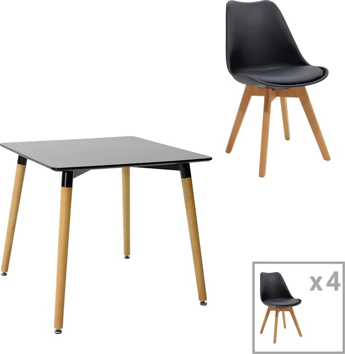 Tavolinë me karrige Natali-Gaston set prej 5 copash MDF dhe dru ahu, ngjyrë e zezë-natyrale, 80x80x76cm