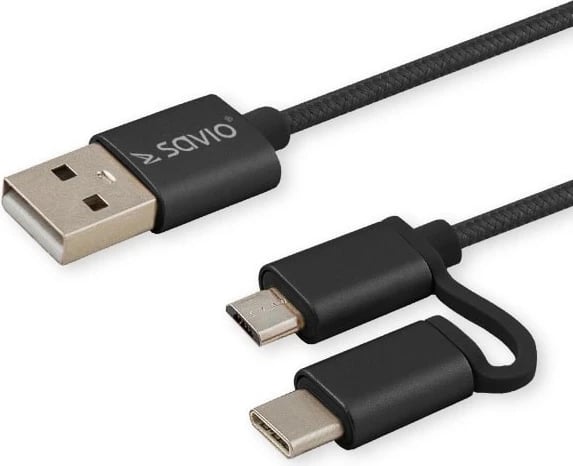 Kabllo Savio, USB A - USB C / micro-USB, 1m, e zezë