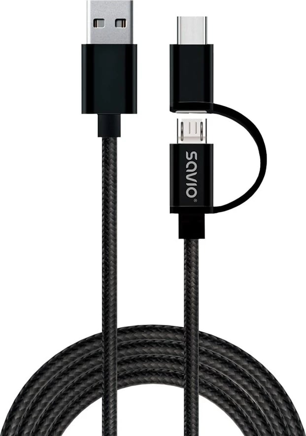 Kabllo Savio, USB A - USB C / micro-USB, 1m, e zezë