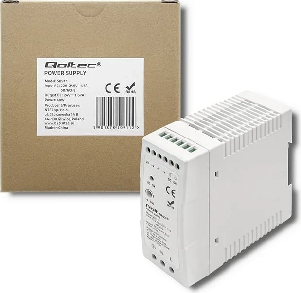 Furnizues energjie Qoltec Din Rail, 40W, 24V, 1.67A, Bardhë