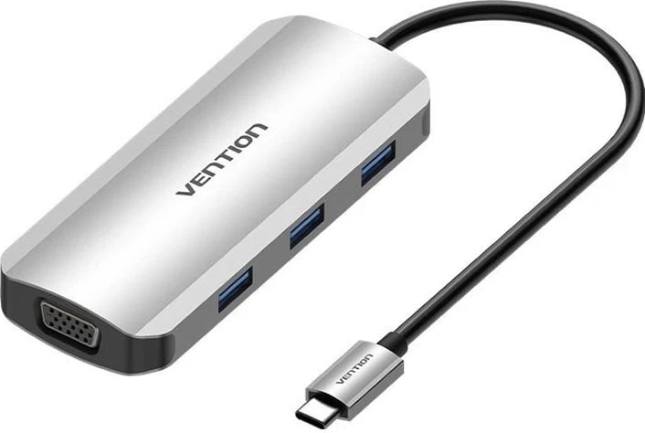 Stacion dokues Vention USB-C HDMI VGA 3x USB 3.0 PD 15cm, ngjyrë gri