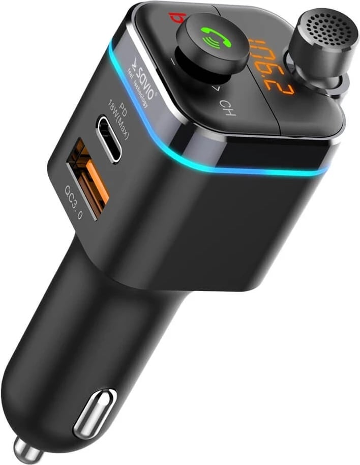 Transmiter FM Savio TR-12 me Bluetooth dhe karikues PD, ngjyrë e zezë