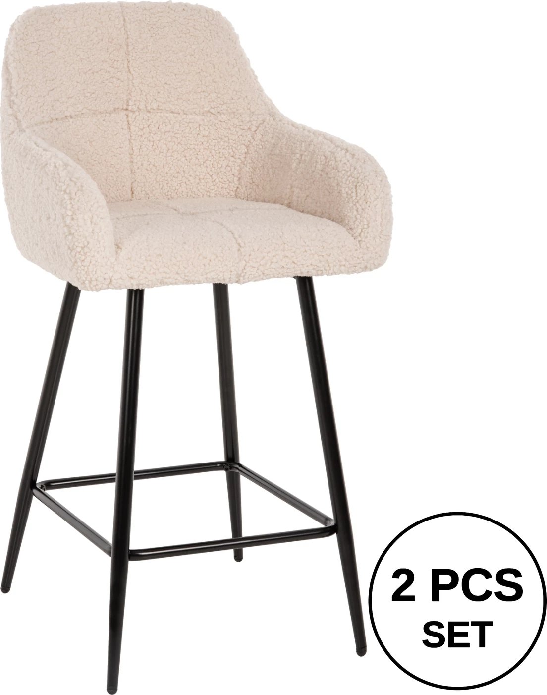 Karrige për bar, lartësi mesatare, STRIKE, FH8592.02, pëlhurë TEDDY e bardhë, këmbë metalike të zeza, 50x50x94,5H cm., set prej 2 copë