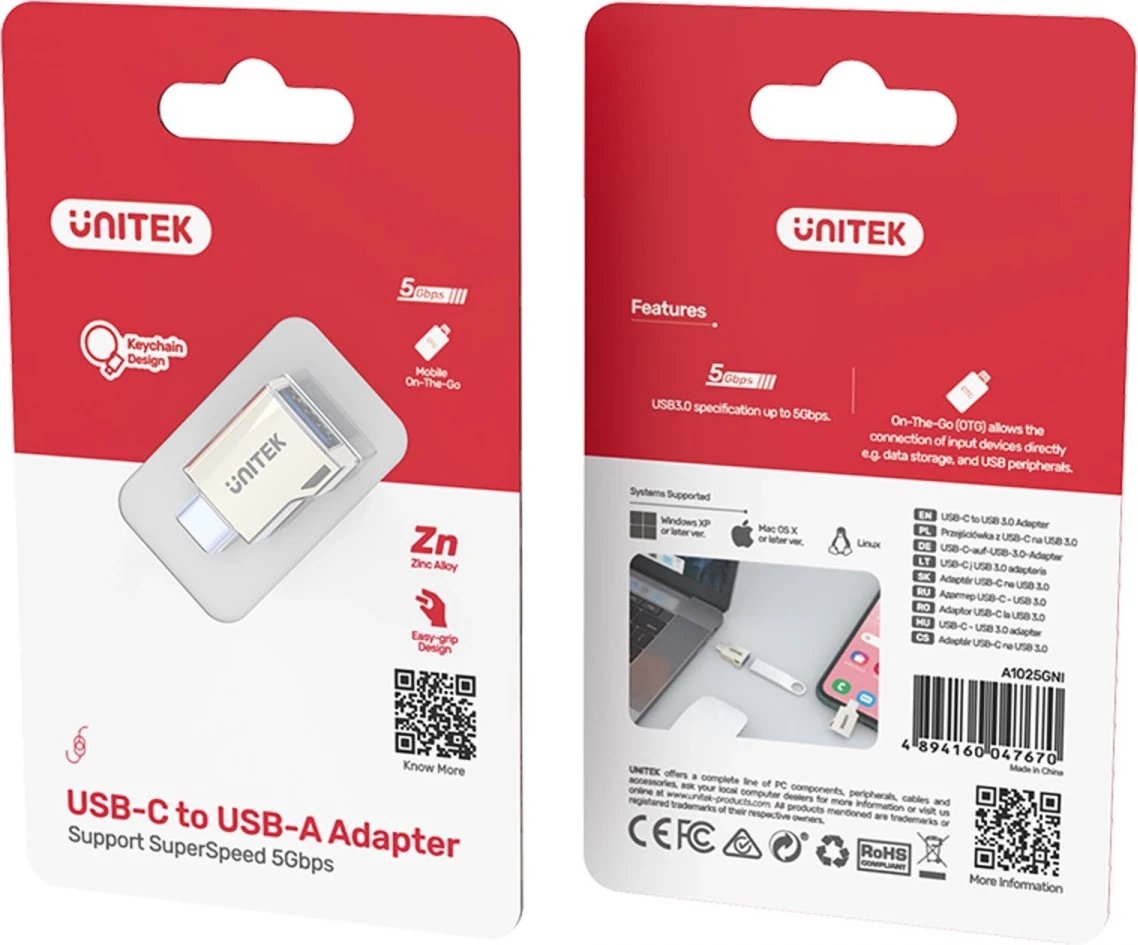 Adapter Unitek USB-A në USB-C 3.1 Gen1, argjendtë