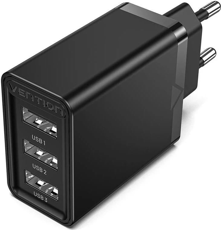 Mbushës Vention, 3x USB, 2.4A, 12W, ngjyrë e zezë