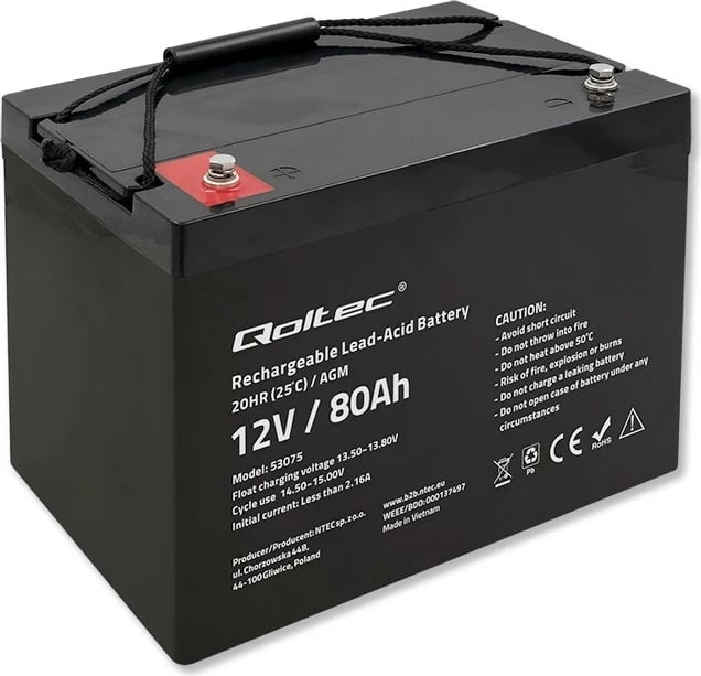 Bateri Qoltec 53075 AGM, 12V, 80Ah, E zezë