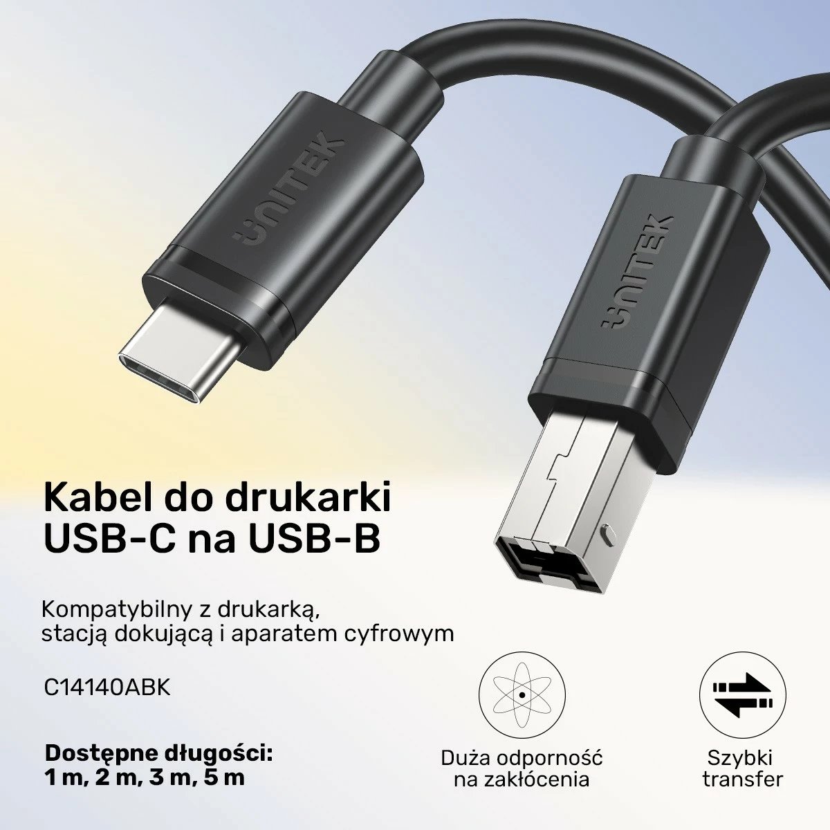 Kabëll Unitek, USB-C në USB-B 2.0, 2m, i zi