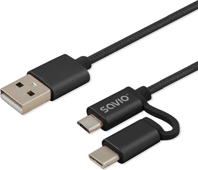 Kabllo Savio, USB A - USB C / micro-USB, 1m, e zezë