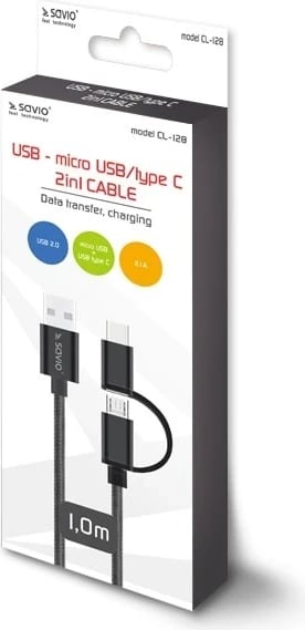 Kabllo Savio, USB A - USB C / micro-USB, 1m, e zezë