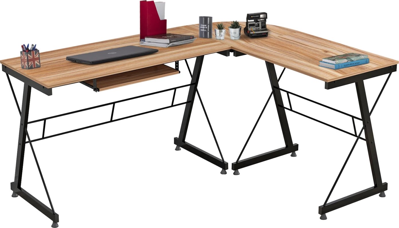 Sipërfaqe tavoline për zyre, qoshe, ngjyrë arre, me kornizë metalike, FH2127.02, 158Χ120Χ74 cm
