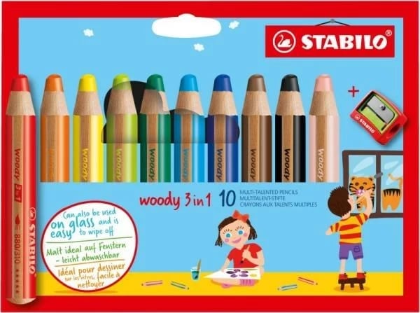 Krejonë STABILO woody 3 in 1, 10 ngjyra me mprehëse