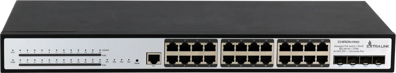 Switch PoE Extralink Chiron Pro, 24x RJ45 1000Mb/s, 4x SFP+, L3, i menaxhueshëm, 370W