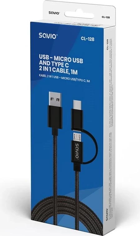 Kabllo Savio, USB A - USB C / micro-USB, 1m, e zezë