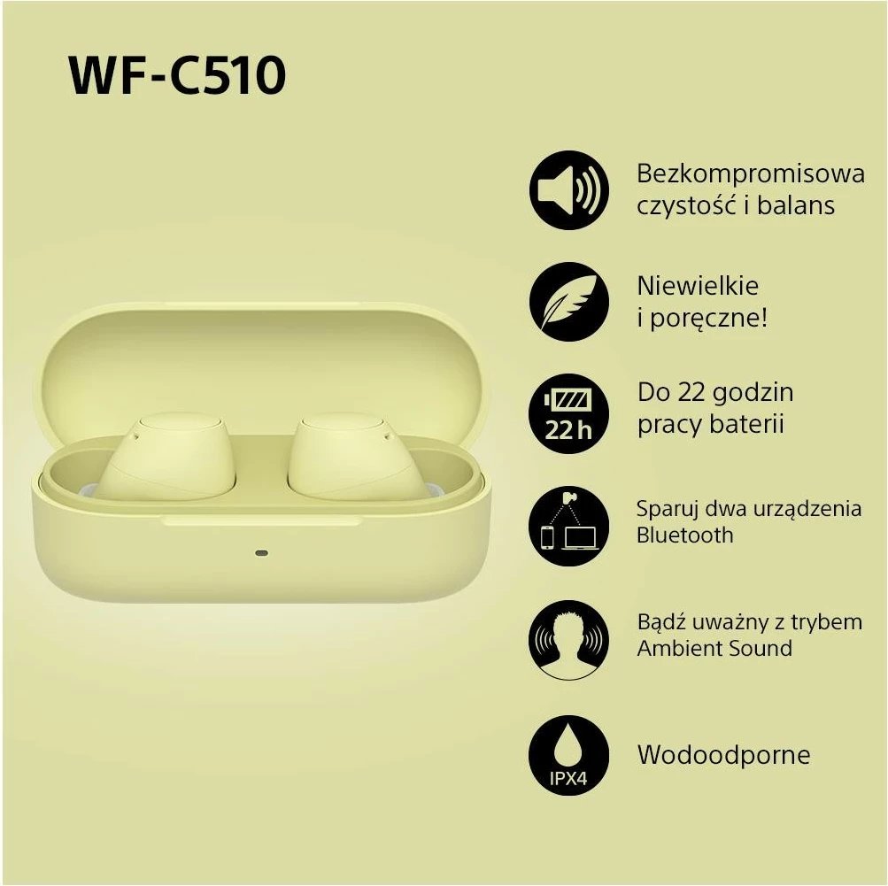 Kufje Sony WF-C510, True Wireless, Bluetooth 5.3, të verdha