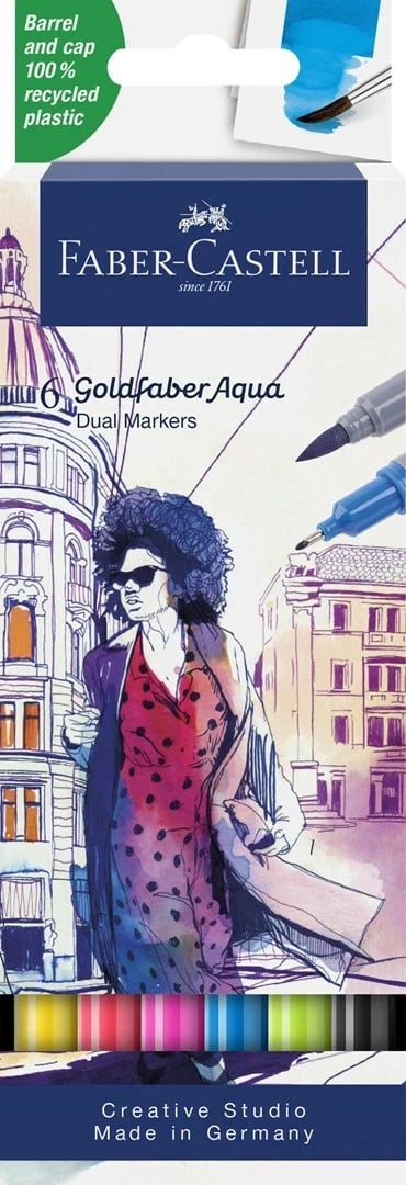 Markera Faber-Castell Goldfaber Aqua Dual, 6 copë, shumëngjyrëshe