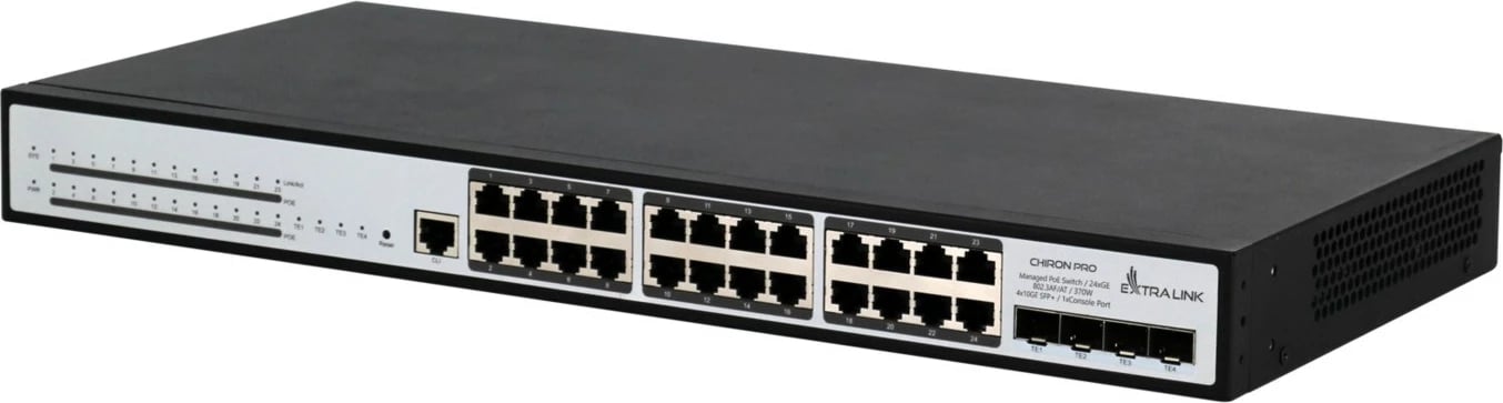 Switch PoE Extralink Chiron Pro, 24x RJ45 1000Mb/s, 4x SFP+, L3, i menaxhueshëm, 370W