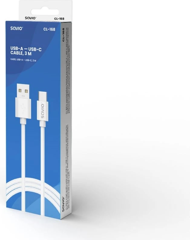 Kabllo Savio USB-A/ USB-C, 2m, e bardhë  