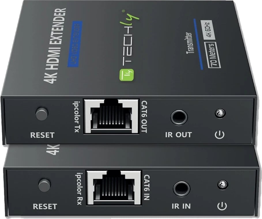 Zgjatës HDMI Techly 364187, përmes Cat6/6a/7, 4K 60Hz, Pa Vonesë, IR, deri në 70m, ngjyrë e zezë